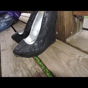 Sparkling glitter black bling shoes wedges heels